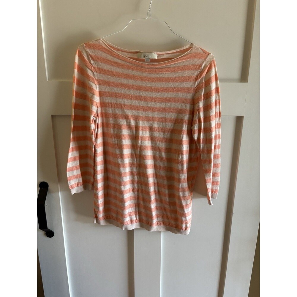 LOFT Women’s Striped 3/4 Sleeve Sweater Peach & Cream Lightweight Size XL